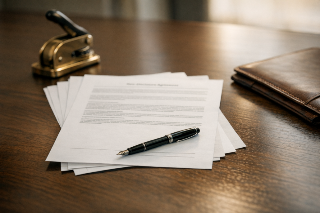 Signed Non-Disclosure Agreement on a desk awaiting notarisation and Apostille by the Supreme Court of Seychelles