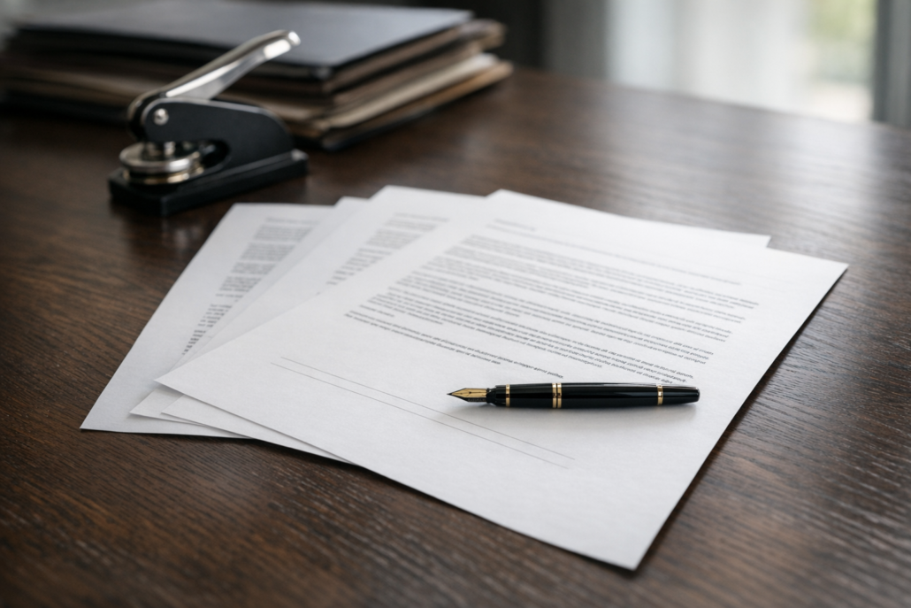 Signed commercial contract on a desk prepared for notarisation and Apostille by the Supreme Court of Seychelles