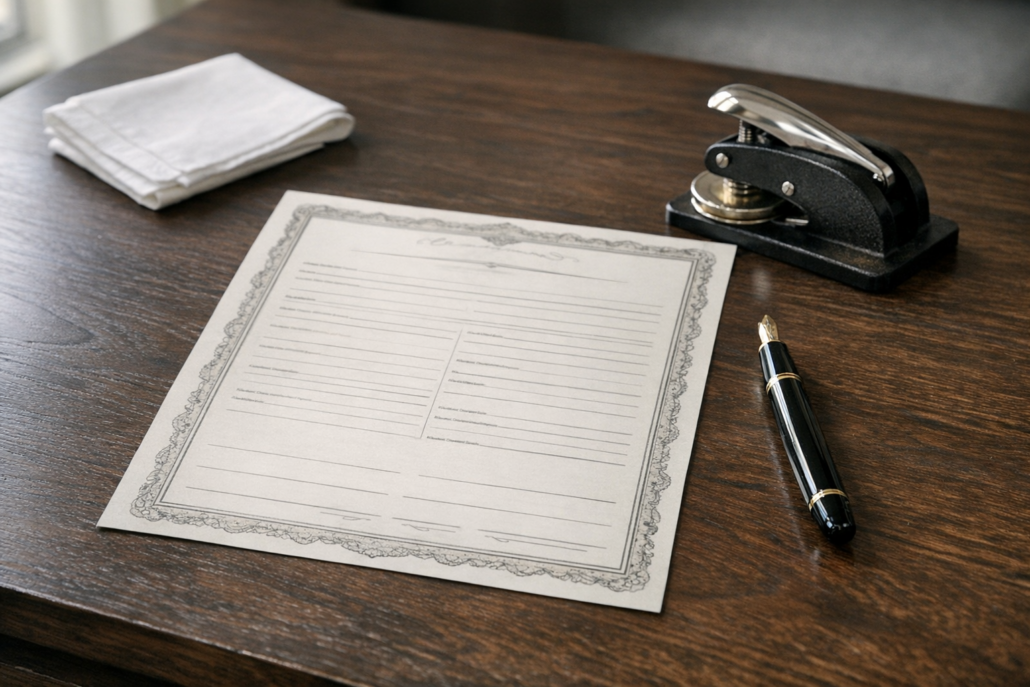 Official Seychelles death certificate on a wooden desk awaiting apostille by the Supreme Court of Seychelles